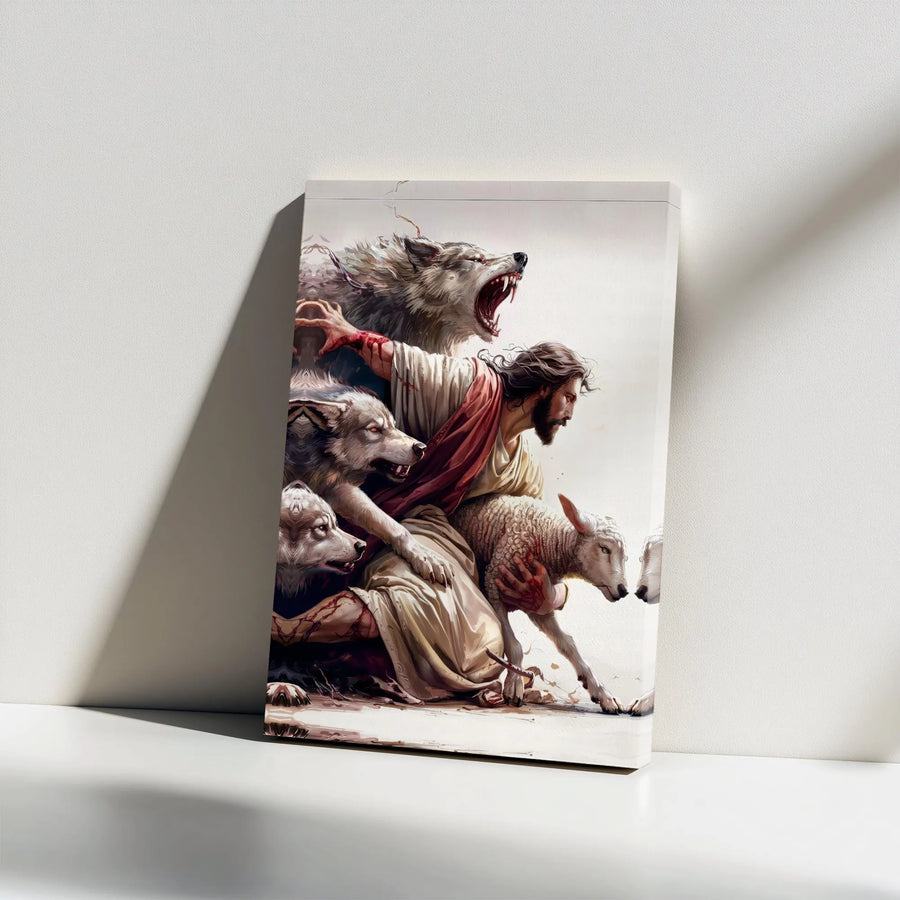 Jesus Protecting Lamb Canvas Wall Art | Dramatic Good Shepherd and Wolves Artwork | Premium Gallery Wrap | Christian Home Decor Gift for Believers