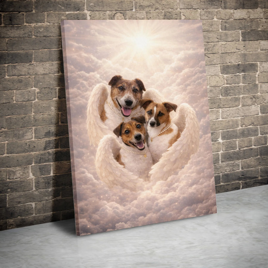 Angel Dogs Memorial Canvas | Three Jack Russell Terriers in Heaven Art | Premium Gallery Wrapped Print | Pet Loss Sympathy Gift for Dog Lover