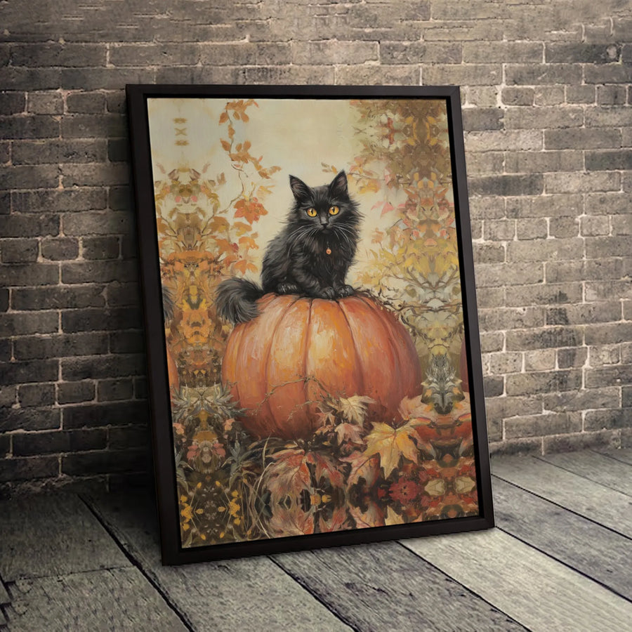 Black Cat Pumpkin Wall Art | Autumn Fall Foliage Oil Painting Style | Premium 1.25" Gallery Canvas | Spooky Halloween Home Decor Gift