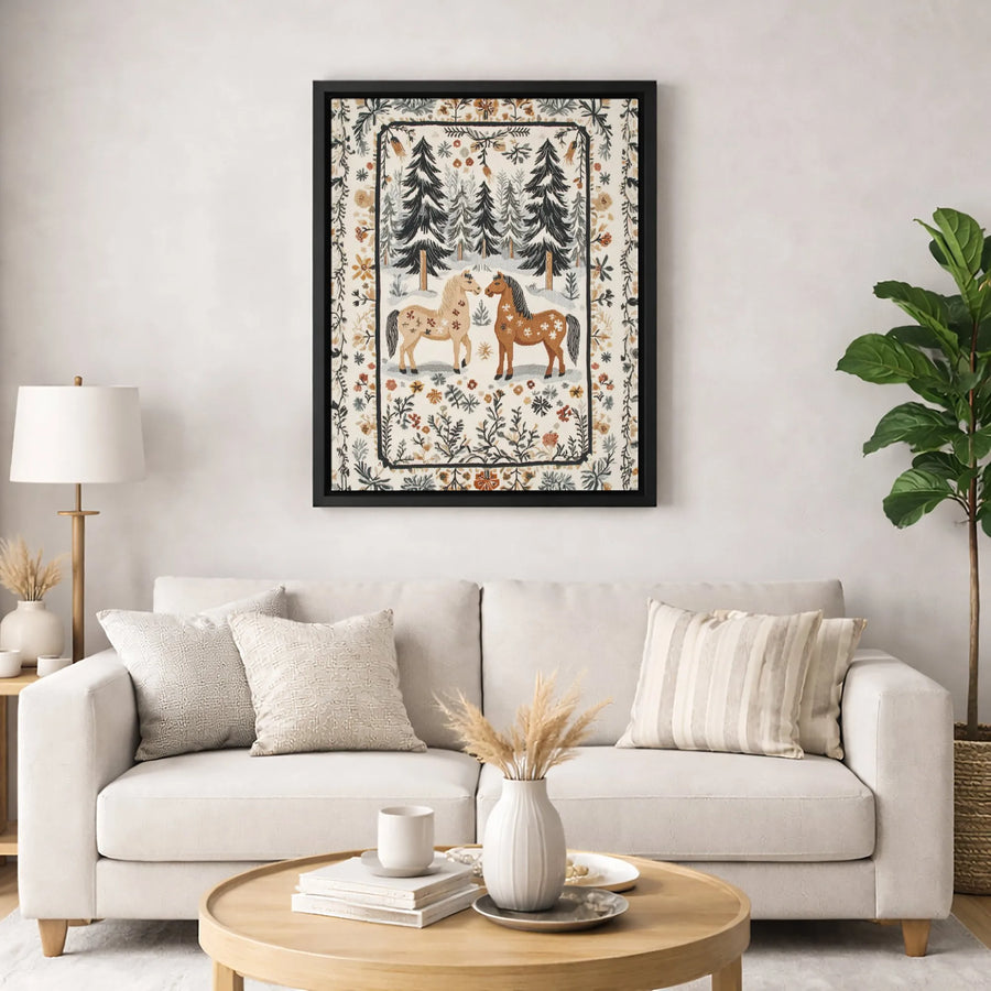 Folk Art Horse Canvas Wall Art | Snowy Pine Forest Winter Scene | Premium Gallery Wrap Print | Rustic Country Home Decor Gift