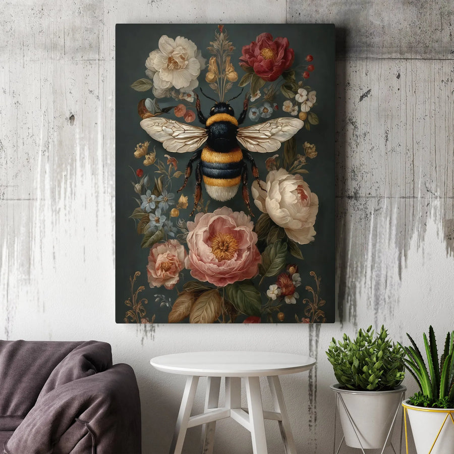 Bumblebee Wall Art Canvas | Vintage Dark Floral Bouquet Illustration | Premium Gallery Wrap Print | Nature Decor For Home Or Office