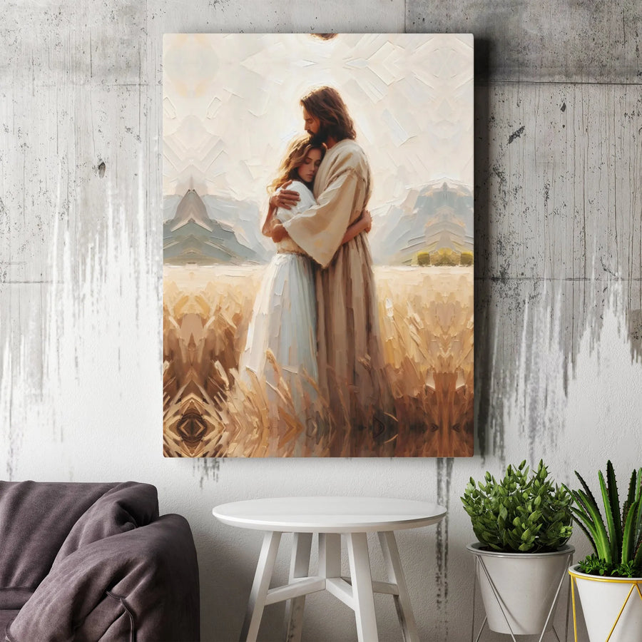 Jesus Embracing Woman Canvas Print | Impressionist Wheat Field Art | Premium Fade-Resistant Wall Decor | Spiritual Christian Home Gift