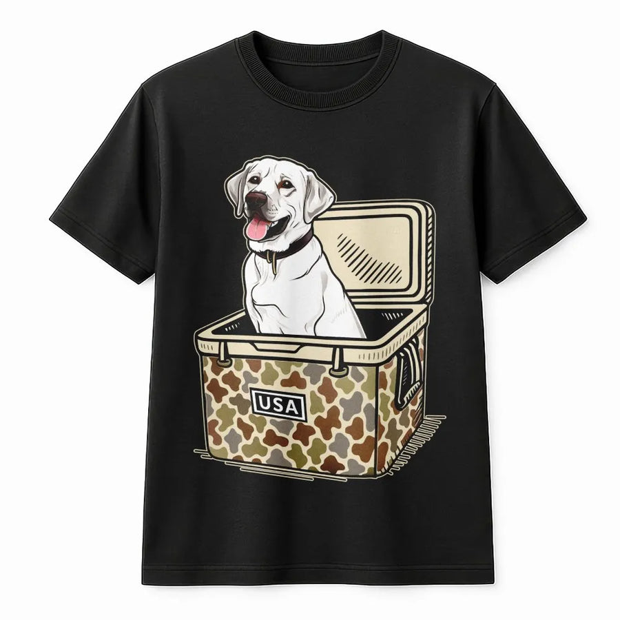 Labrador Dog T-Shirt | Camo Cooler USA Graphic Print | Premium 100% Cotton | Outdoor Hunter Camping Gift for Dog Lovers