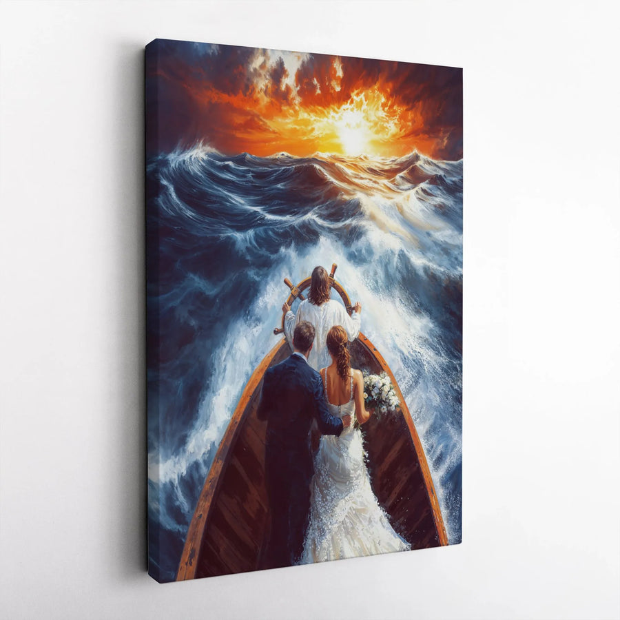 Jesus Guiding Couple Through Stormy Sea Canvas | Religious Wedding Wall Art | 1.25 Inch Gallery Wrap | Christian Gift For Newlyweds