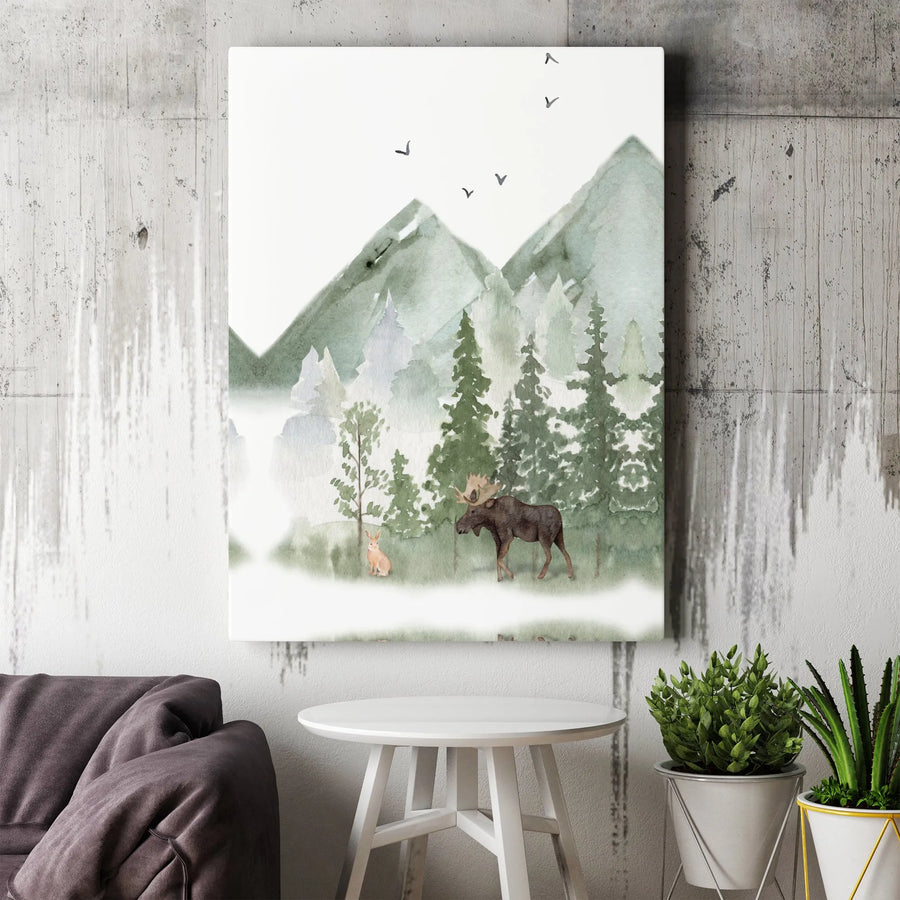 Watercolor Moose and Rabbit Wall Art | Misty Mountain Forest Nature Print | Gallery-Quality 1.25" Canvas | Nursery or Modern Home Decor Gift