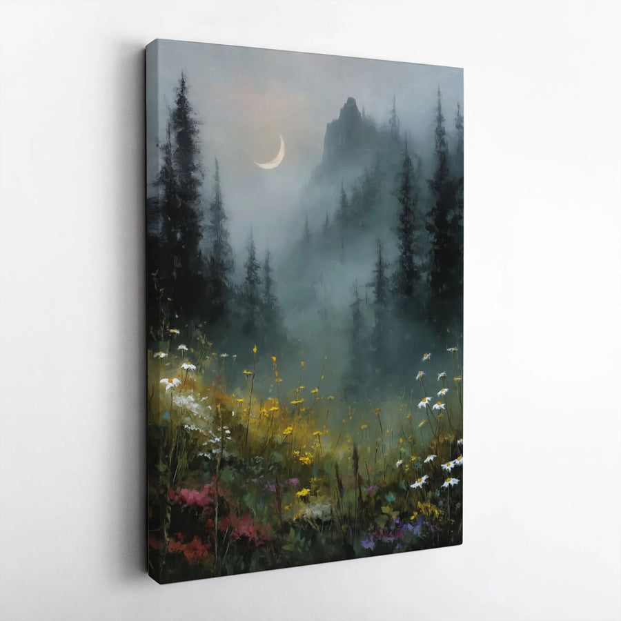 Misty Mountain Forest Canvas Wall Art | Whimsical Moonlit Wildflowers Landscape | Premium Fade-Resistant Print | Moody Nature Home Decor Gift
