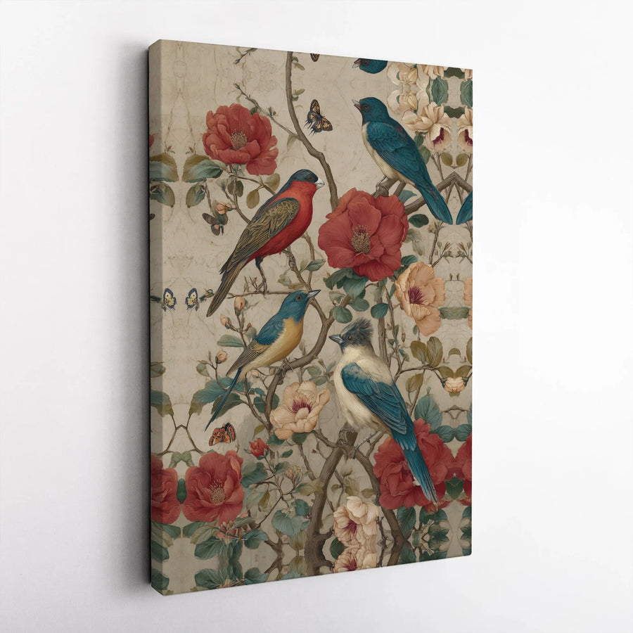 Vintage Bird and Flower Canvas Print | Chinoiserie Style Botanical Illustration | Premium Gallery Wrapped Art | Living Room Decor Gift