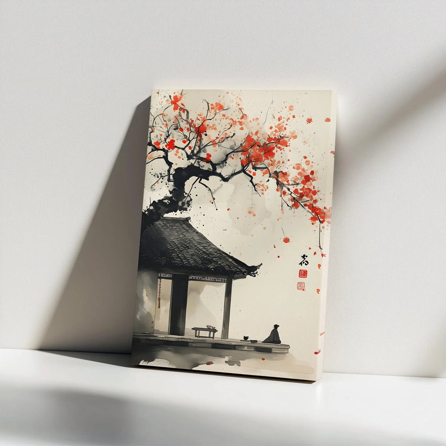 Japanese Cherry Blossom Canvas | Sumi-e Ink Wash Painting | Premium Frameless Wall Art | Zen Home Decor Gift