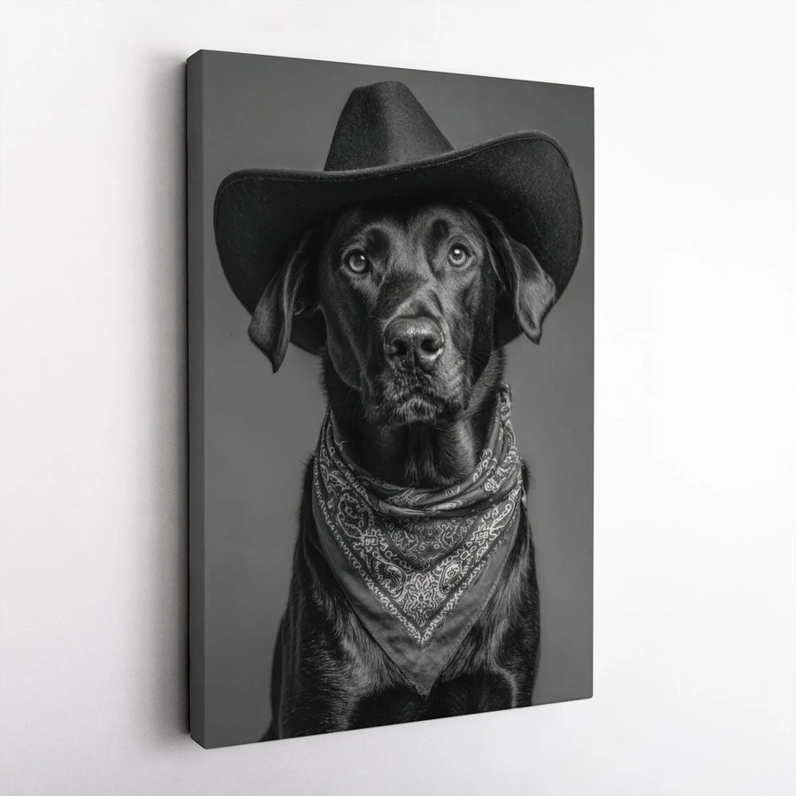 Black Labrador Cowboy Canvas Wall Art | Western Dog Portrait with Hat and Bandana | Premium Gallery Wrap Print | Unique Gift for Dog Lovers