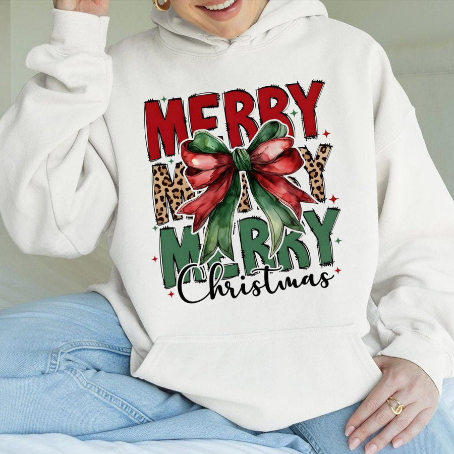 Merry Christmas Hoodie | Coquette Leopard Bow Graphic Print | Premium Cotton-Blend Fleece | Cute Holiday Gift For Women & Teens