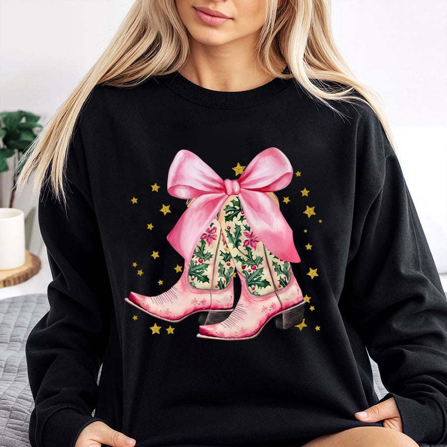 Pink Cowboy Boots Christmas Sweatshirt | Holly Bow Graphic Design | Premium Cotton Blend | Festive Western Holiday Gift For Her