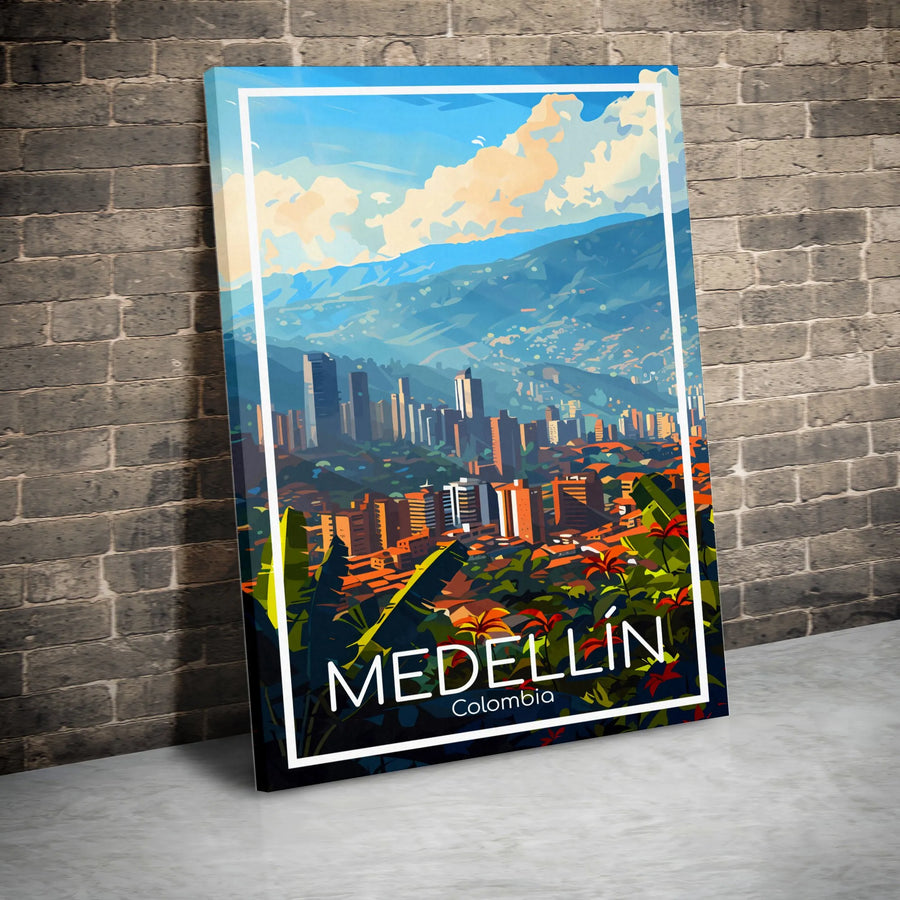 Medellin Colombia Travel Poster Canvas | Stylized Andean Cityscape Art | Gallery-Quality 1.25 inch Thick Print | Home Decor Gift for Travel Lovers
