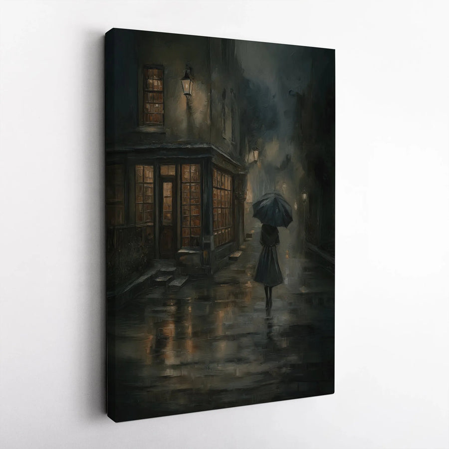 Rainy Street Canvas Print | Moody Dark Academia Wall Art | 1.25 Inch Premium Gallery Wrap | Atmospheric Cityscape Gift for Home Decor