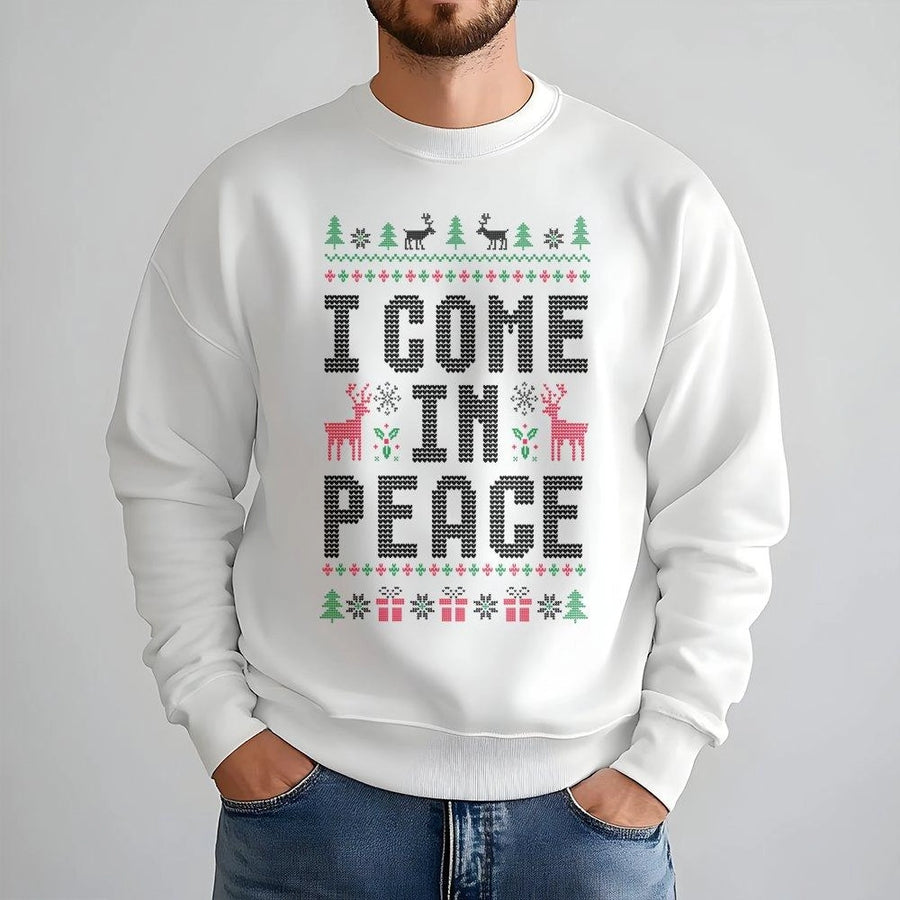 I Come In Peace Christmas Sweatshirt | Funny Ugly Sweater Holiday Design | Premium Cotton Blend | Matching Couples Gift For Him And Her