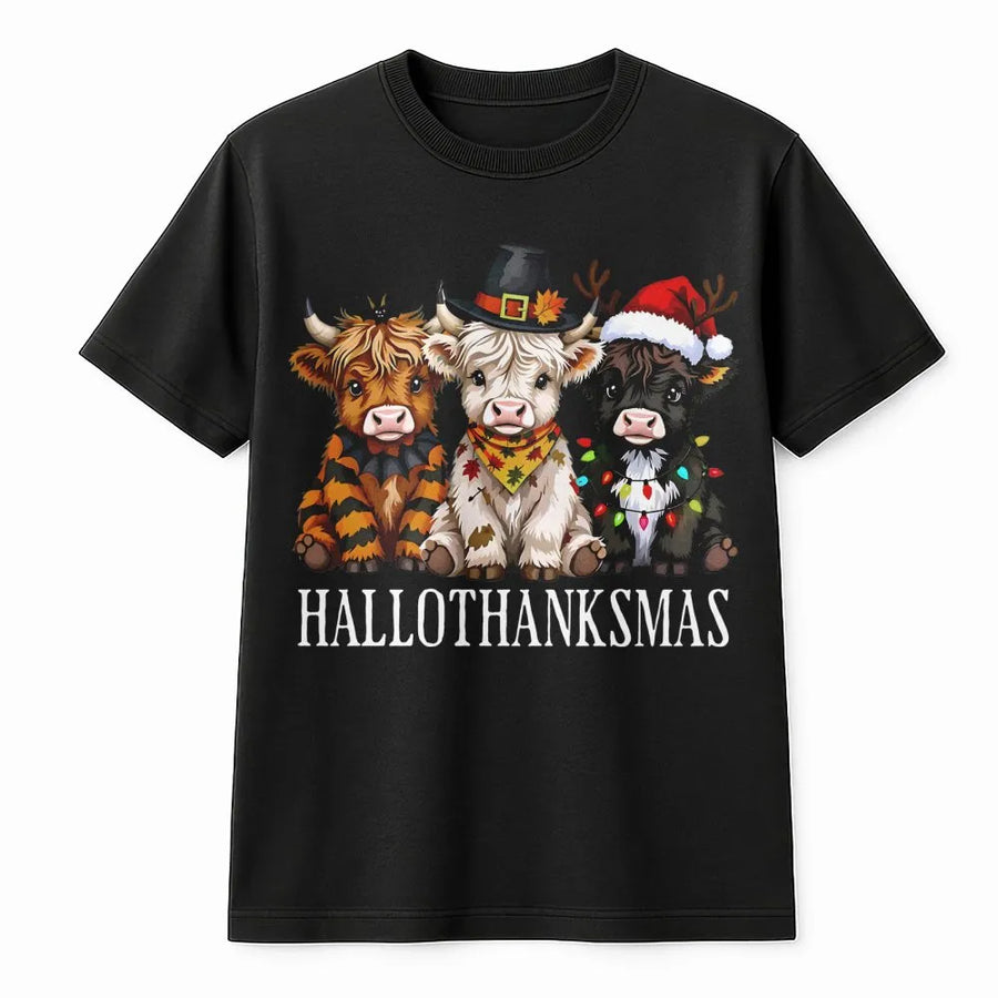 Highland Cow Christmas T-Shirt | Hallothanksmas Cute Holiday Design | Premium Soft Cotton Unisex Tee | Farmhouse Country Style Gift for Women