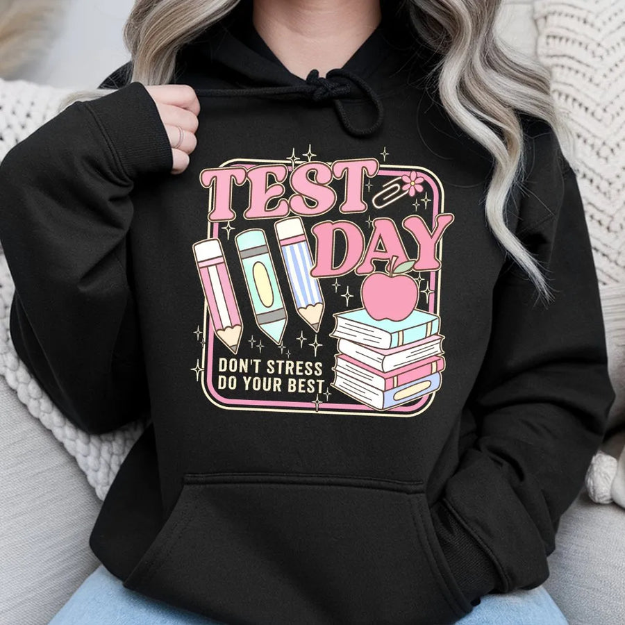 Test Day Teacher Shirt | Retro Groovy 'Don't Stress Do Your Best' Graphic Tee | Soft Cotton Hoodie | Gift for Testing Coordinator or Educator