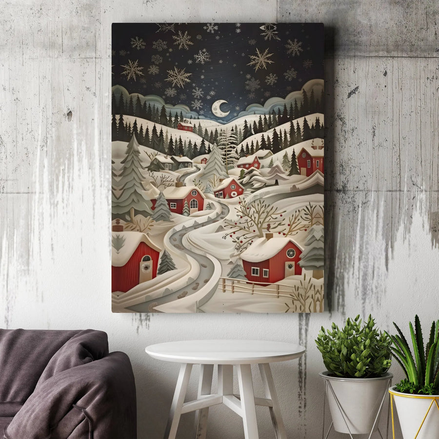 Winter Village Canvas Wall Art | Snowy Night Red House Landscape | Premium Gallery-Wrapped Print | Christmas Home Decor Gift for Holidays