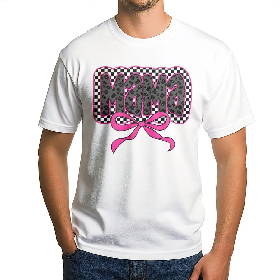 Mama T-Shirt | Coquette Aesthetic Bow and Checkered Design | Premium 100% Cotton | Stylish Mother's Day 2026 Gift for Mom