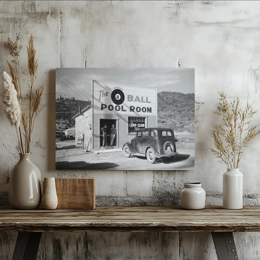 Vintage 8 Ball Pool Room Canvas Print | Black and White Classic Car Photo | Premium Gallery Wall Art | Man Cave Decor and Billiards Player Gift