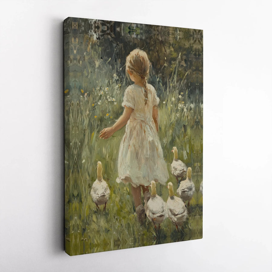 Vintage Farmhouse Canvas Print | Girl with Geese Pastoral Painting | Premium Stretched Canvas | Cottagecore Home Decor Gift