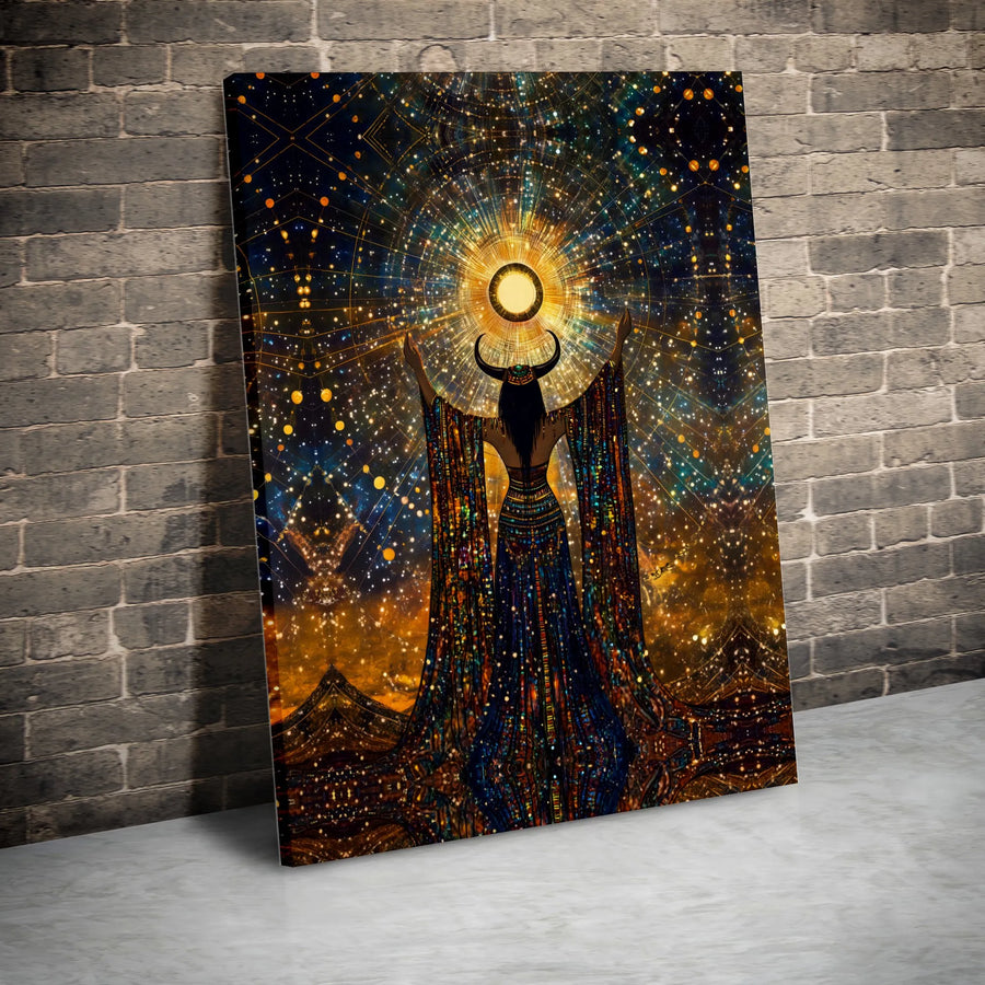 Mystical Goddess Wall Art | Celestial Horned Deity Sun Canvas | 1.25 Inch Gallery Wrap | Spiritual Home Decor Gift