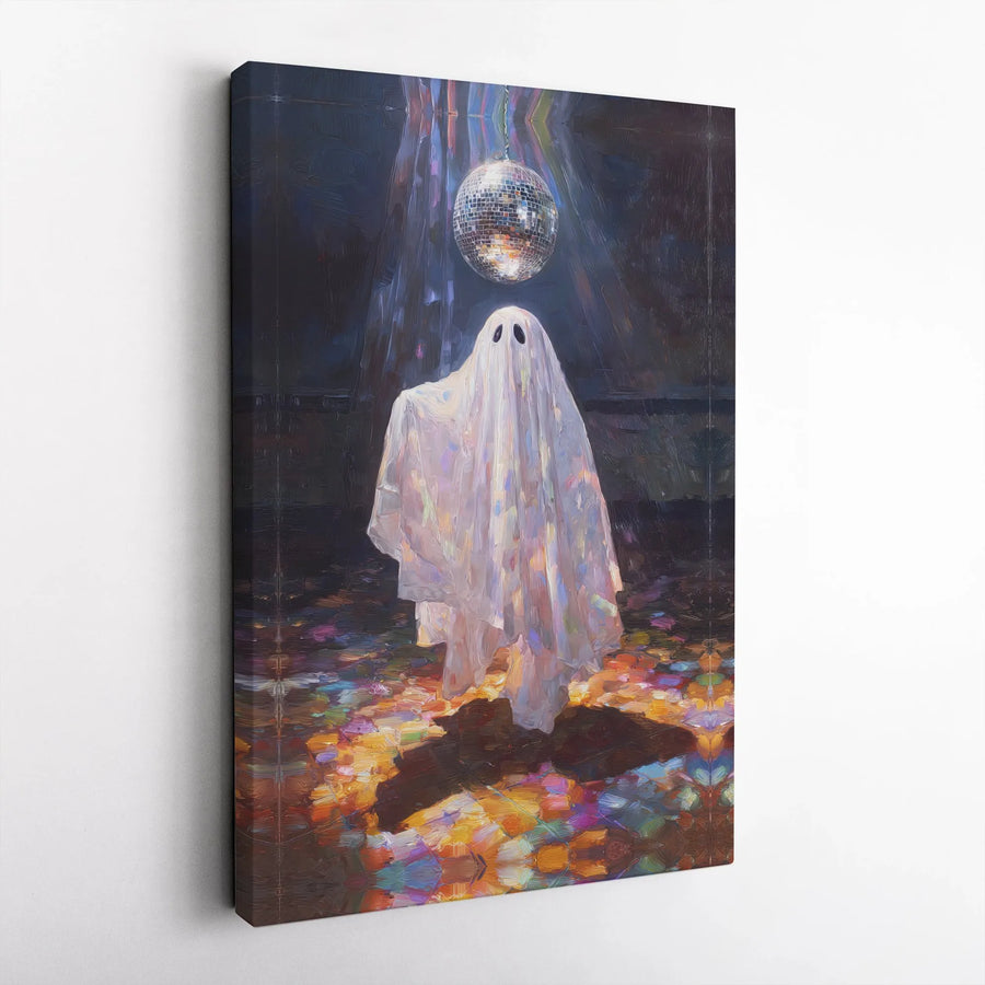 Disco Ghost Canvas Print | Spooky Aesthetic Disco Ball Oil Painting | Premium Gallery Wrap Wall Art | Trendy Halloween Home Decor