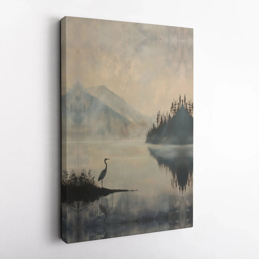 Heron on Misty Lake Canvas Print | Serene Mountain Landscape Wall Art | Gallery Quality Framed or Unframed | Modern Home Decor Gift