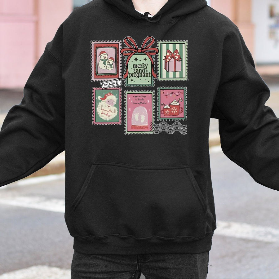 Merry and Pregnant Christmas Hoodie | Vintage Stamp Holiday Design | Premium Cotton Blend | Pregnancy Announcement Gift for Expecting Mom