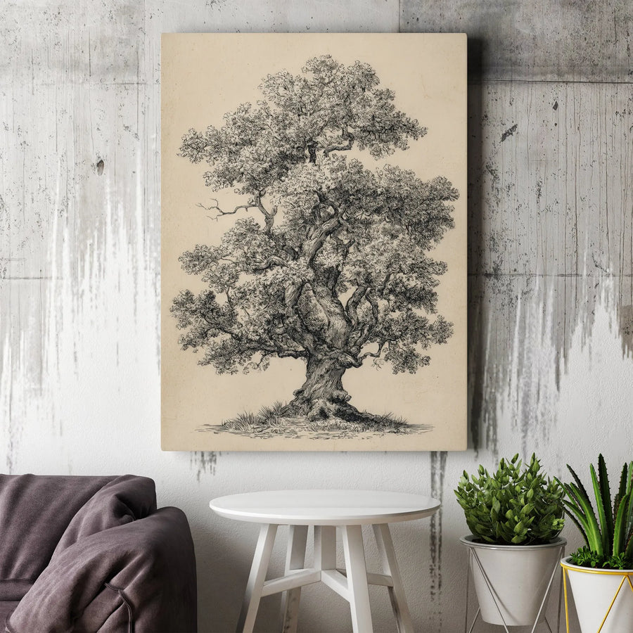 Oak Tree Wall Art | Vintage Botanical Sketch Illustration | Premium Gallery Wrapped Canvas | Nature Lover Home Office Decor Gift