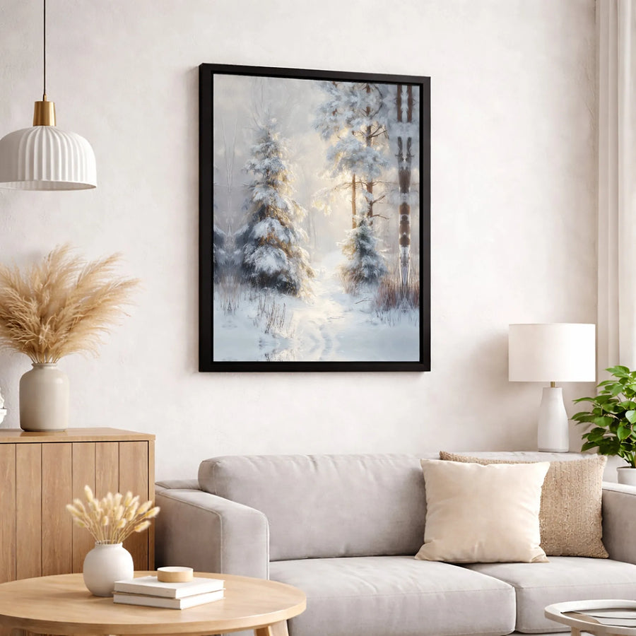 Snowy Winter Forest Canvas | Sunlit Pine Tree Wall Art | Premium Fade-Resistant Gallery Print | Serene Nature Home Decor Gift