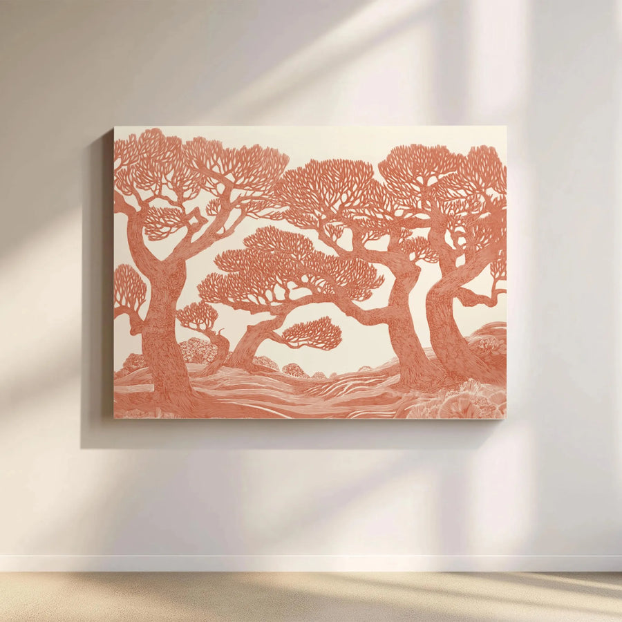 Terracotta Tree Landscape Canvas Art | Modern Linocut Style Forest Wall Decor | Premium 1.25-Inch Gallery Wrap | Bohemian Home Office Gift