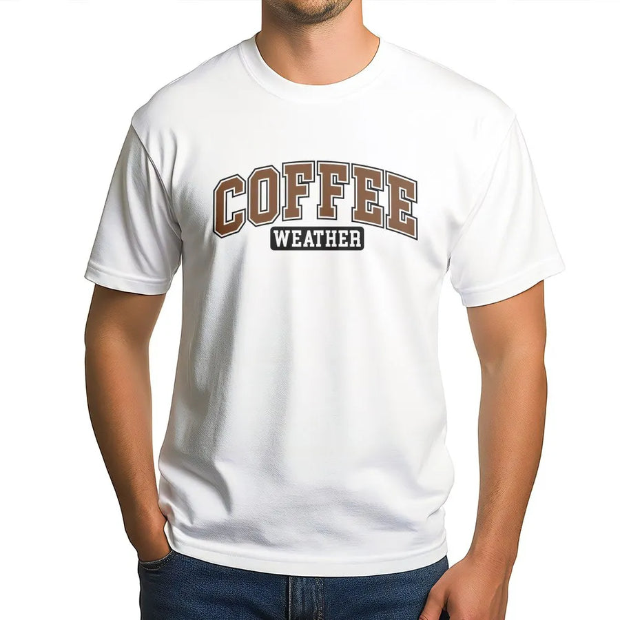Coffee Weather T-Shirt | Retro Varsity Letter Graphic | 100% Soft Cotton Premium Tee | Cute Fall Aesthetic Gift for Coffee Lovers