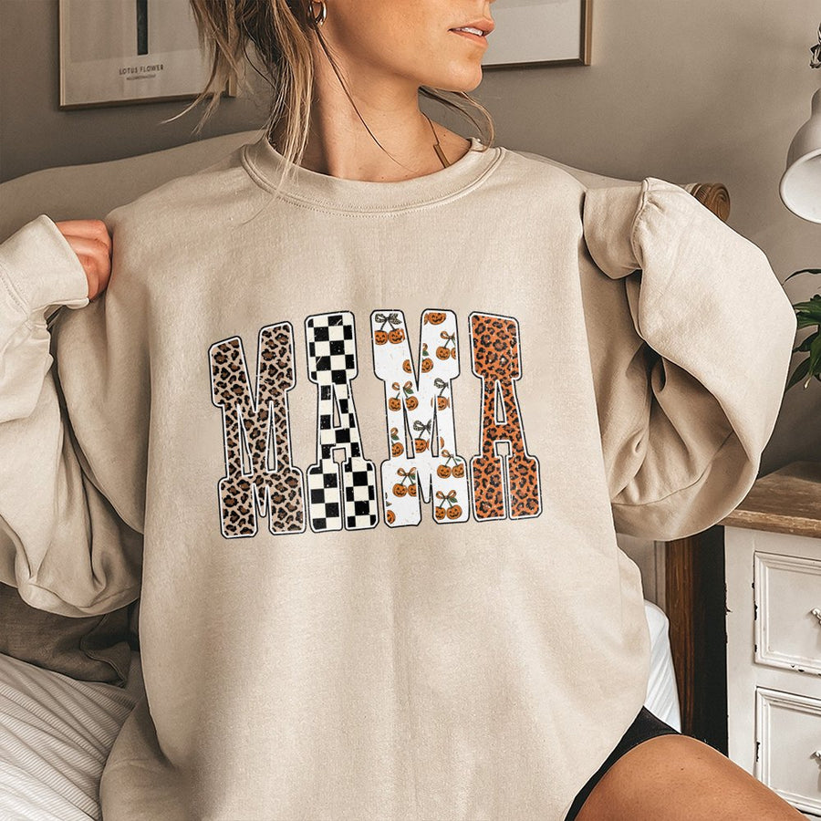Mama Pumpkin Sweatshirt | Leopard Print & Checkered Fall Graphic | Soft Cotton Blend Crewneck | Trendy Halloween Gift For Mom