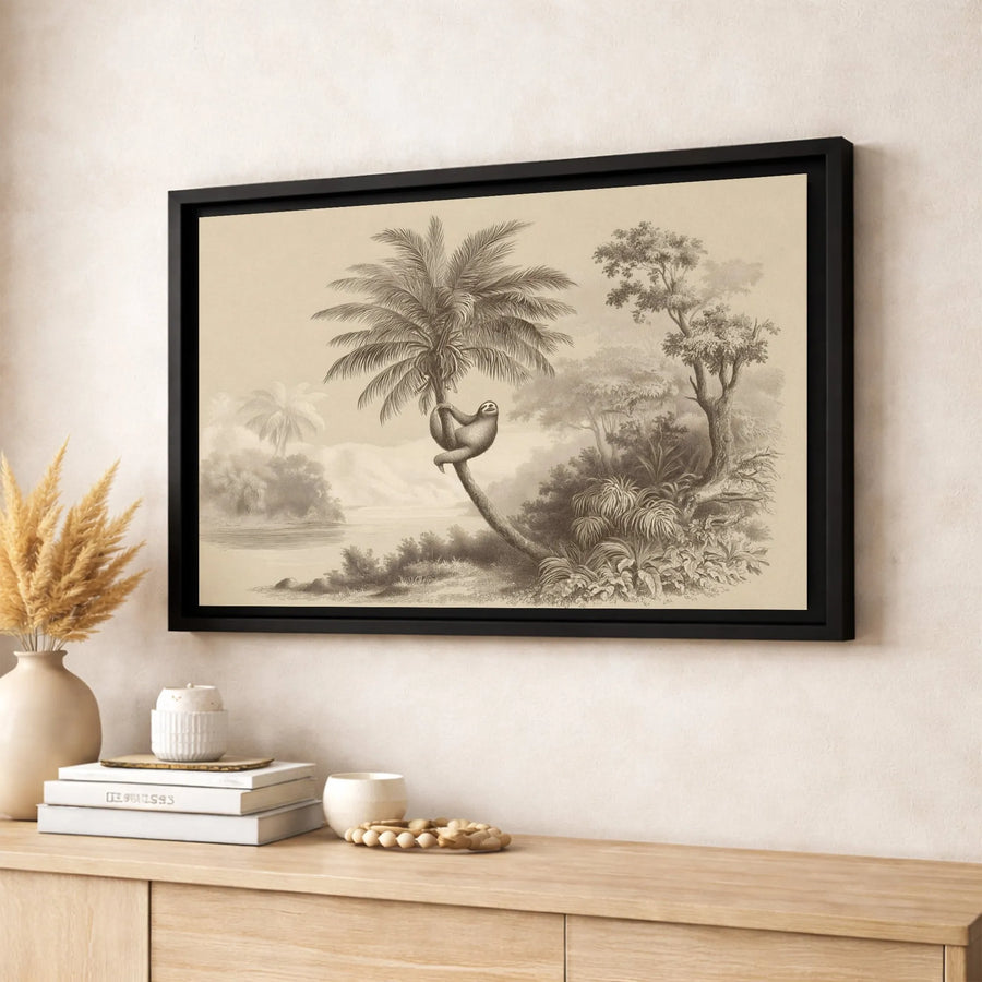 Sloth Wall Art | Vintage Etching Tropical Palm Tree Print | Premium Gallery Wrapped Canvas | Nature-Inspired Home Decor Gift