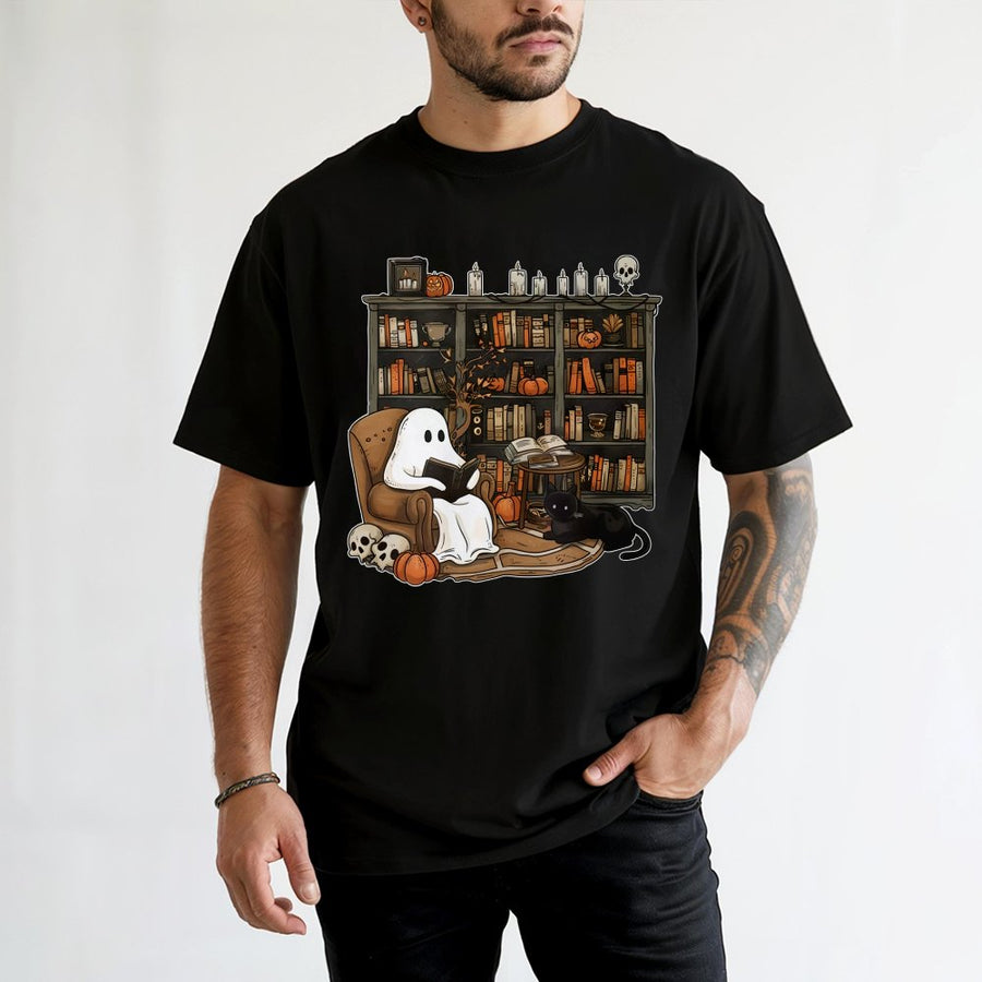 Ghost Reading Books T-Shirt | Spooky Librarian Halloween Graphic | 100% Cotton Premium Tee | Unique Book Lover Gift for Readers