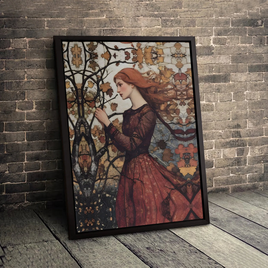 Autumn Woman Canvas Print | Moody Pre-Raphaelite Fine Art | Premium Gallery Wrapped Decor | Fall Aesthetic Wall Art for Living Room