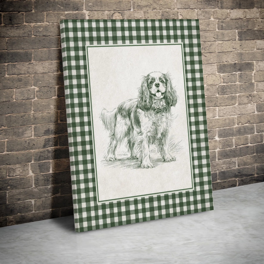 Cavalier King Charles Spaniel Canvas Print | Vintage Dog Sketch with Green Gingham Border | Premium Gallery Wrapped Art | Farmhouse Decor Gift for Dog Lover