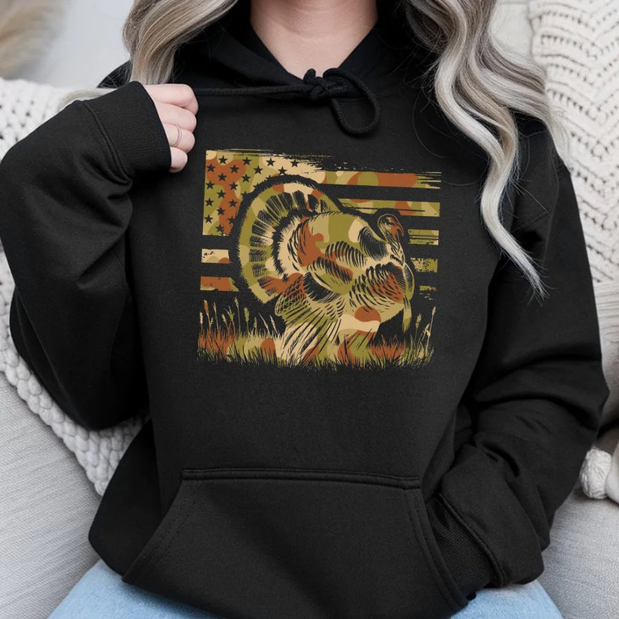 Turkey Hunting Hoodie | American Flag Camo Graphic Print | Premium Cotton-Blend Sweatshirt | Patriotic Gift for Hunters and Outdoorsmen