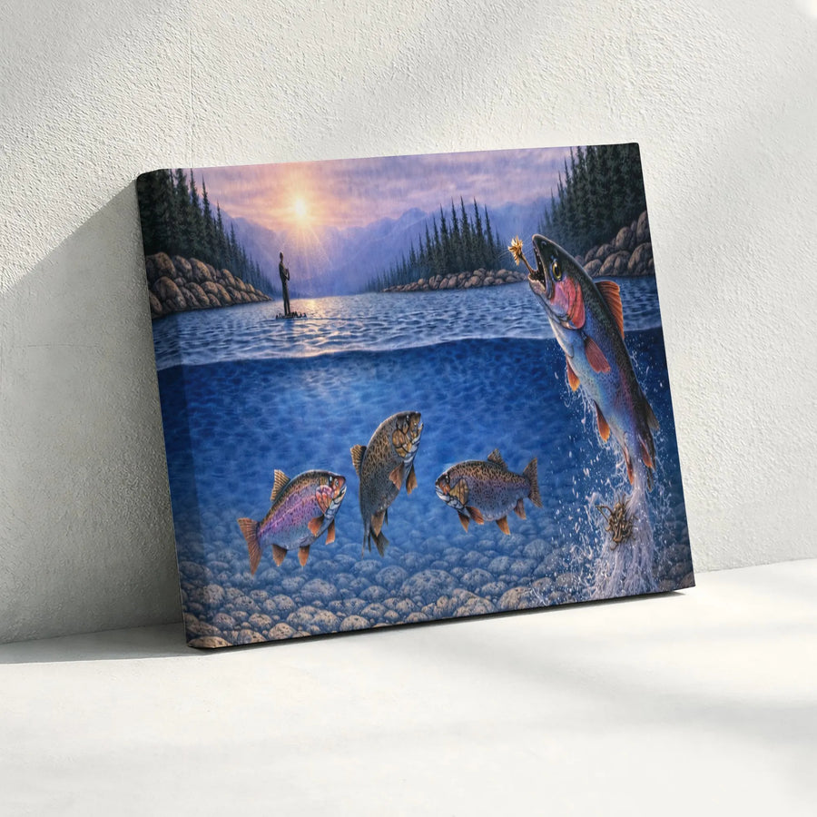 Fly Fishing Trout Canvas Print | Jumping Rainbow Trout Underwater Scene | Premium Gallery Wrapped Canvas | Collector's Gift for Angler, Cabin Decor