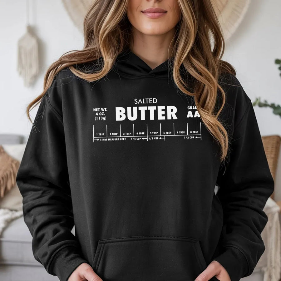 Salted Butter Hoodie | Graphic Baking Measurement Design | Soft Cotton-Poly Blend | Funny Foodie Gift for Baker and Chef