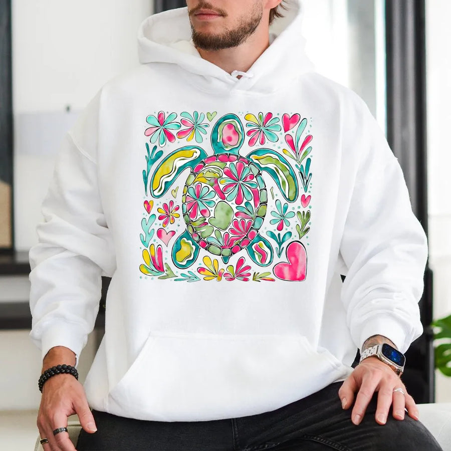 Sea Turtle Hoodie | Floral Boho Ocean Animal Print | Premium Cotton Blend | Gift for Ocean Lovers Beach Enthusiasts
