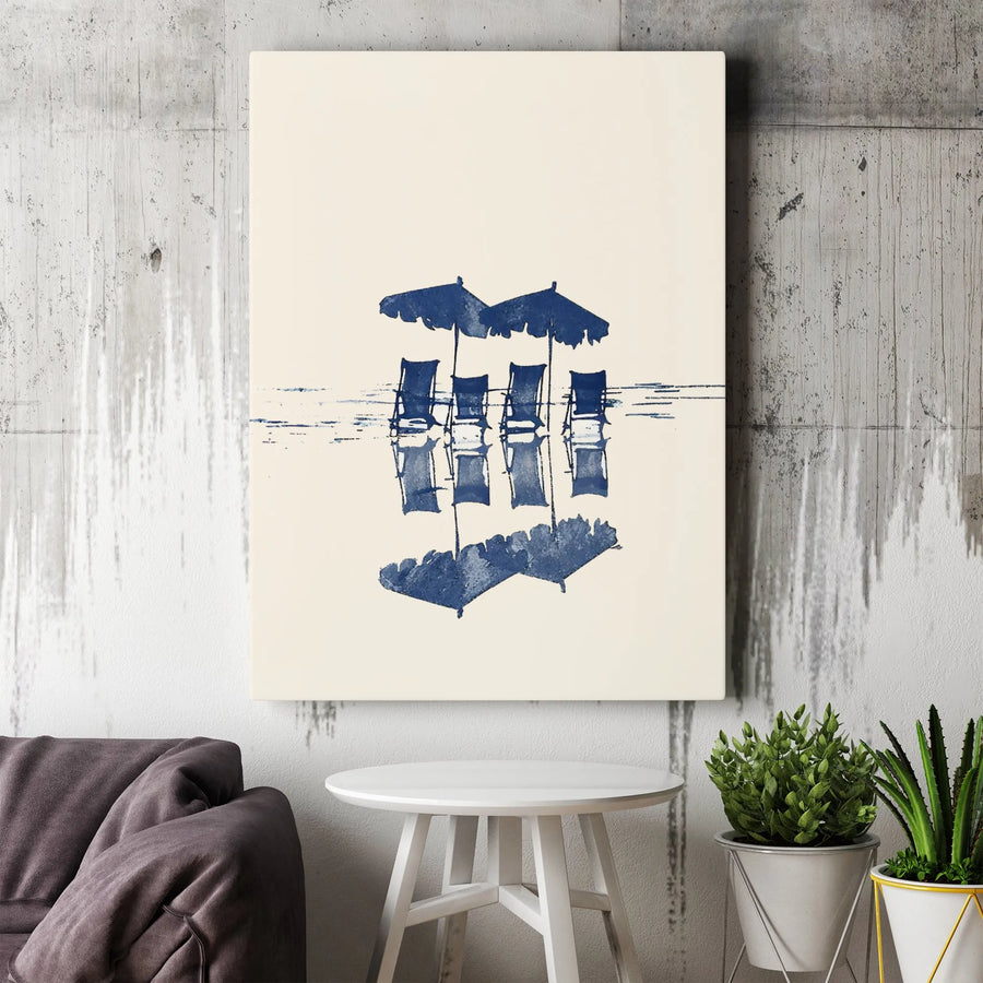 Beach Chairs And Umbrellas Wall Art | Minimalist Blue Watercolor Reflection Canvas | Premium Gallery-Wrap Decor | Summer Coastal Home Gift