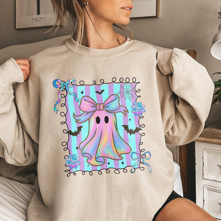 Iridescent Ghost Sweatshirt | Preppy Coquette Halloween Design | Premium Cotton Blend | Cute Spooky Aesthetic Gift for Her