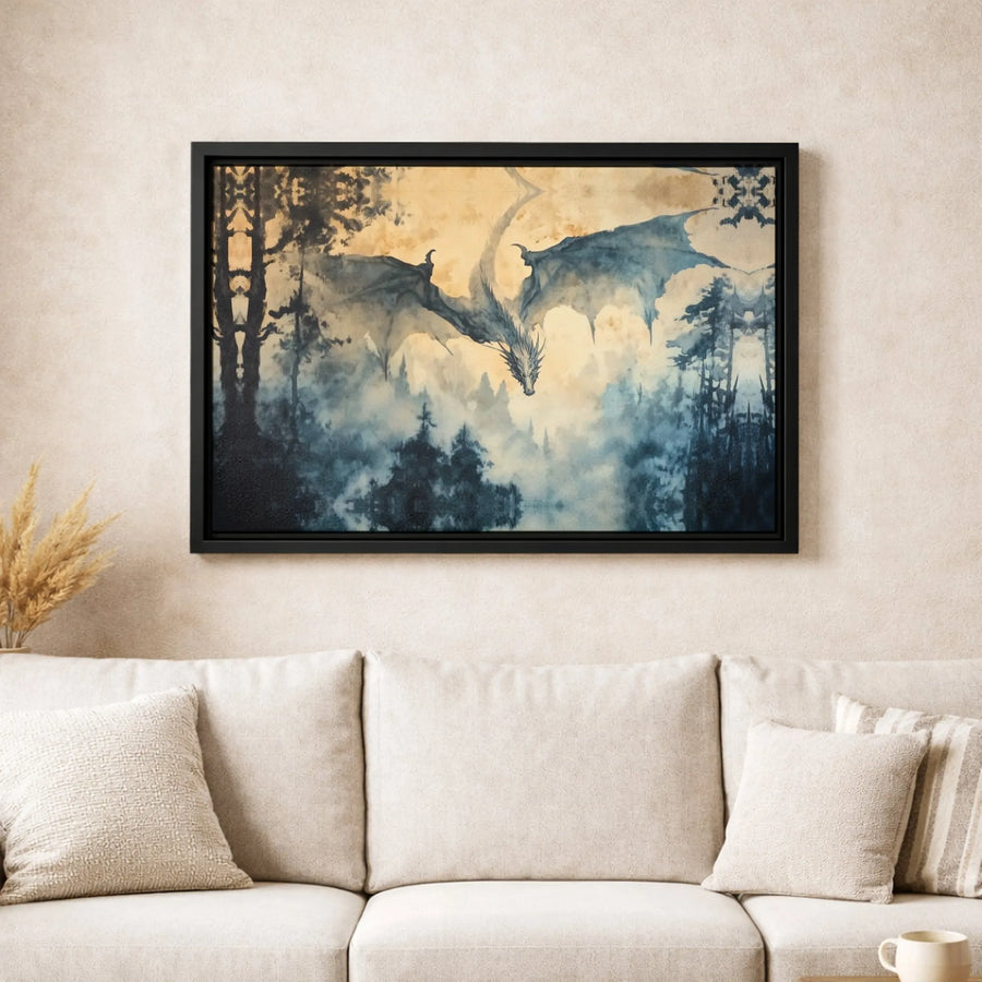 Dragon Wall Art Canvas | Misty Forest Fantasy Painting | Premium Gallery Wrapped Decor | Mythical Creature Gift for Fantasy Lovers