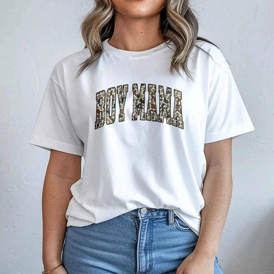 Boy Mama T-Shirt | Camo Varsity Letter Print | Soft Premium Cotton | Trendy Mom Gift for Boys Mom