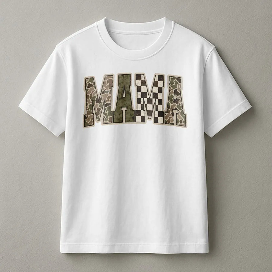 Mama Graphic Tee | Camo & Checkered Block Letter Design | Premium Soft Cotton Shirt | Trendy Gift for New Mom, Boy Mom