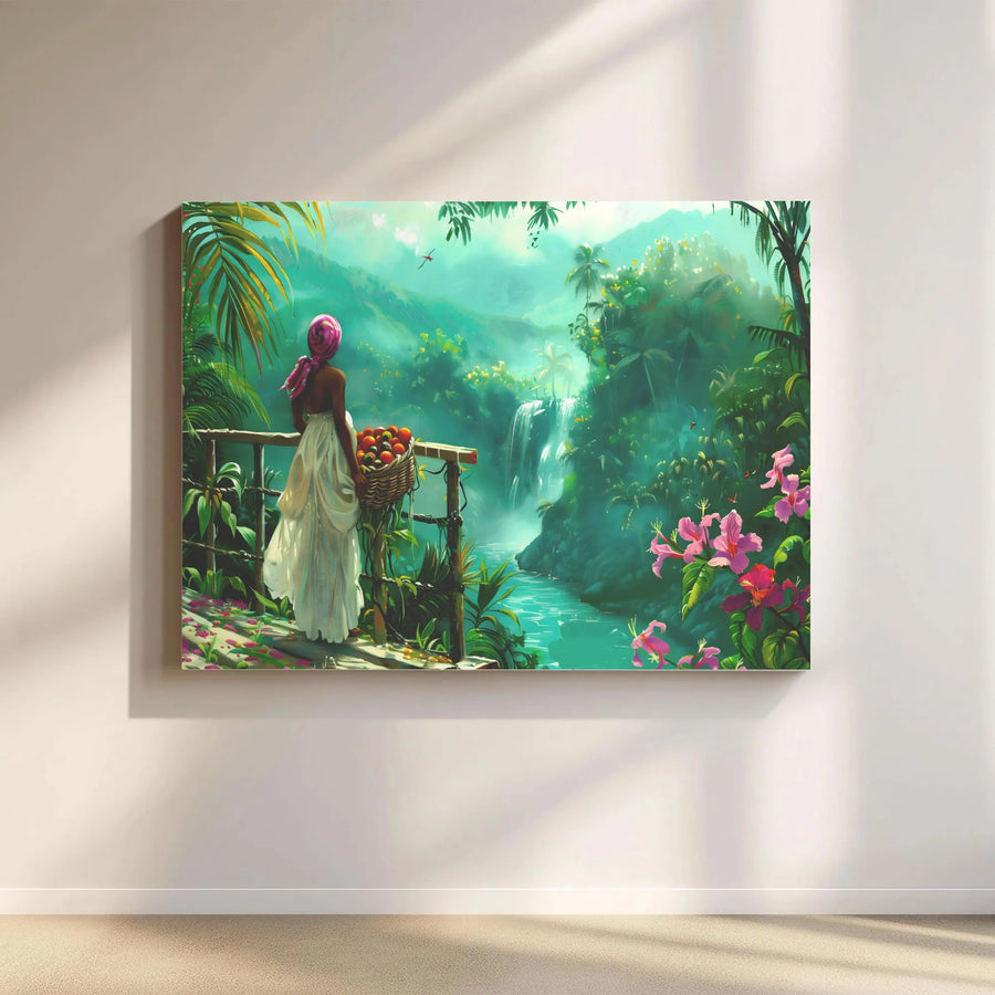 Tropical Waterfall Canvas Print | Lush Jungle Paradise Scene with Woman & Fruit Basket | Premium Gallery Wrapped Canvas | Bohemian Home Decor Gift