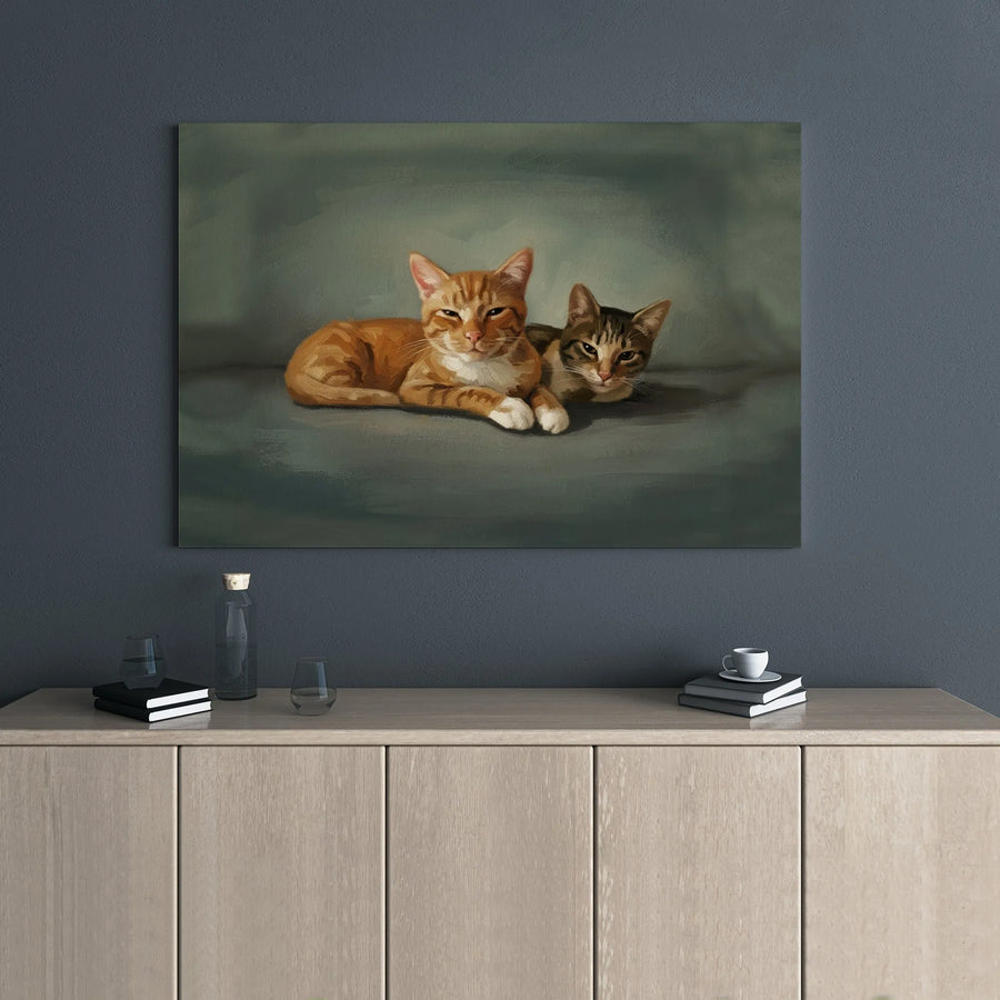 Cat Wall Art Canvas | Two Tabby Cats Painting | Premium Gallery Wrapped Print | Cozy Pet Lover Home Decor Gift
