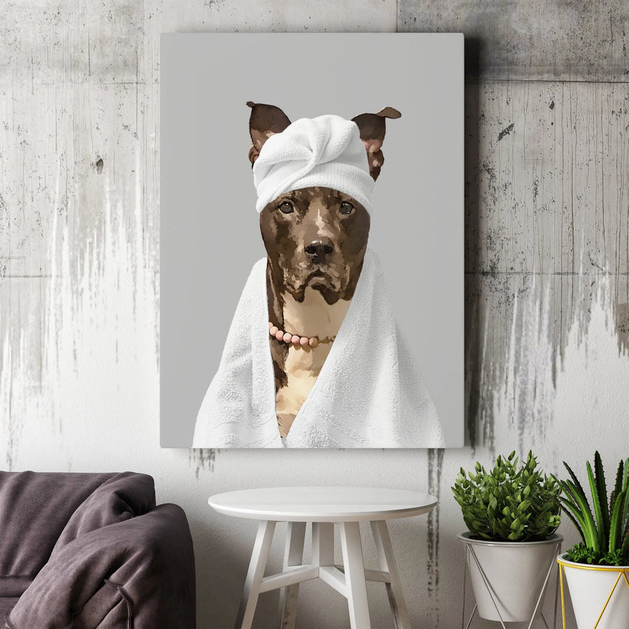 Pit Bull Dog Spa Wall Art | Funny Pet Portrait with Towel Turban | Premium Fade-Resistant Canvas | Unique Bathroom Decor Gift
