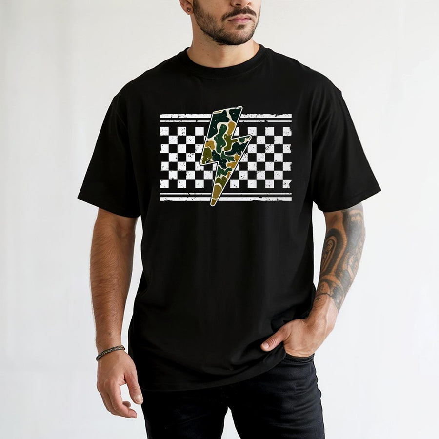 Checkered Camo Lightning Bolt T-Shirt | Distressed Graphic Print | 100% Soft Cotton Tee | Trendy Unisex Hunting Gift for Mom or Her